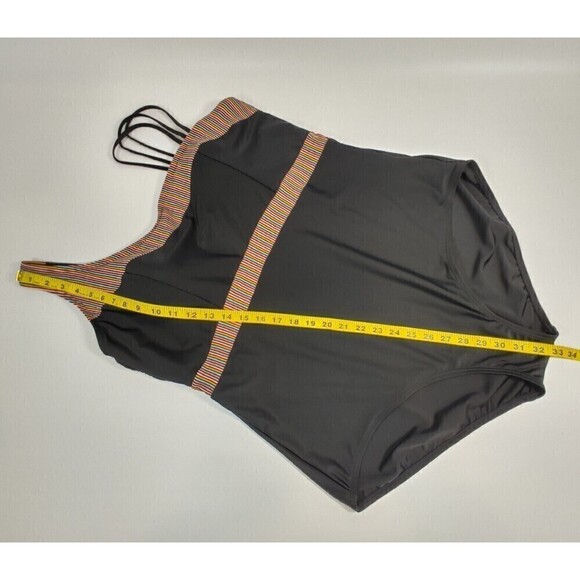 Ulla Popken Swimsuit Womens 28 Black Rainbow Stripe Strap Front Self-Bra Lined - Picture 13 of 14